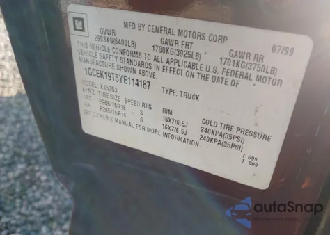 2000 Chevrolet Silverado 1500 Ls from USA, damaged, VIN 1GCEK19T5YE114187